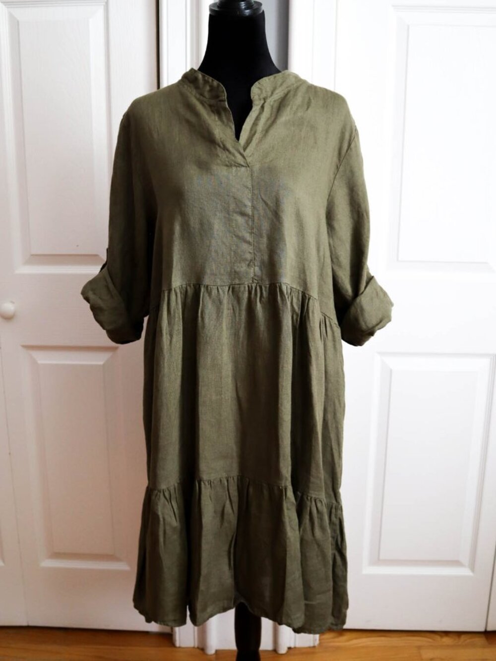 Bellambra Italy 100% Linen Tiered Babydoll Midi Dress Olive Green Sz M Boho